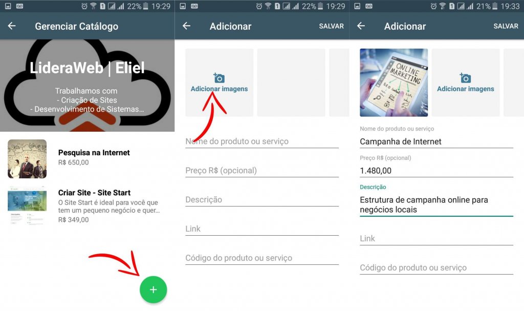 Telas de adição de itens ao Catálogo do WhatsApp